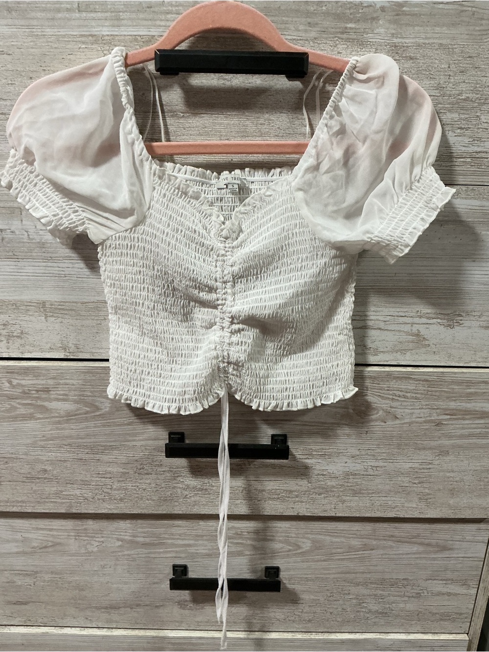 White Smocked Puff-Sleeve Tie-Front Crop Top
